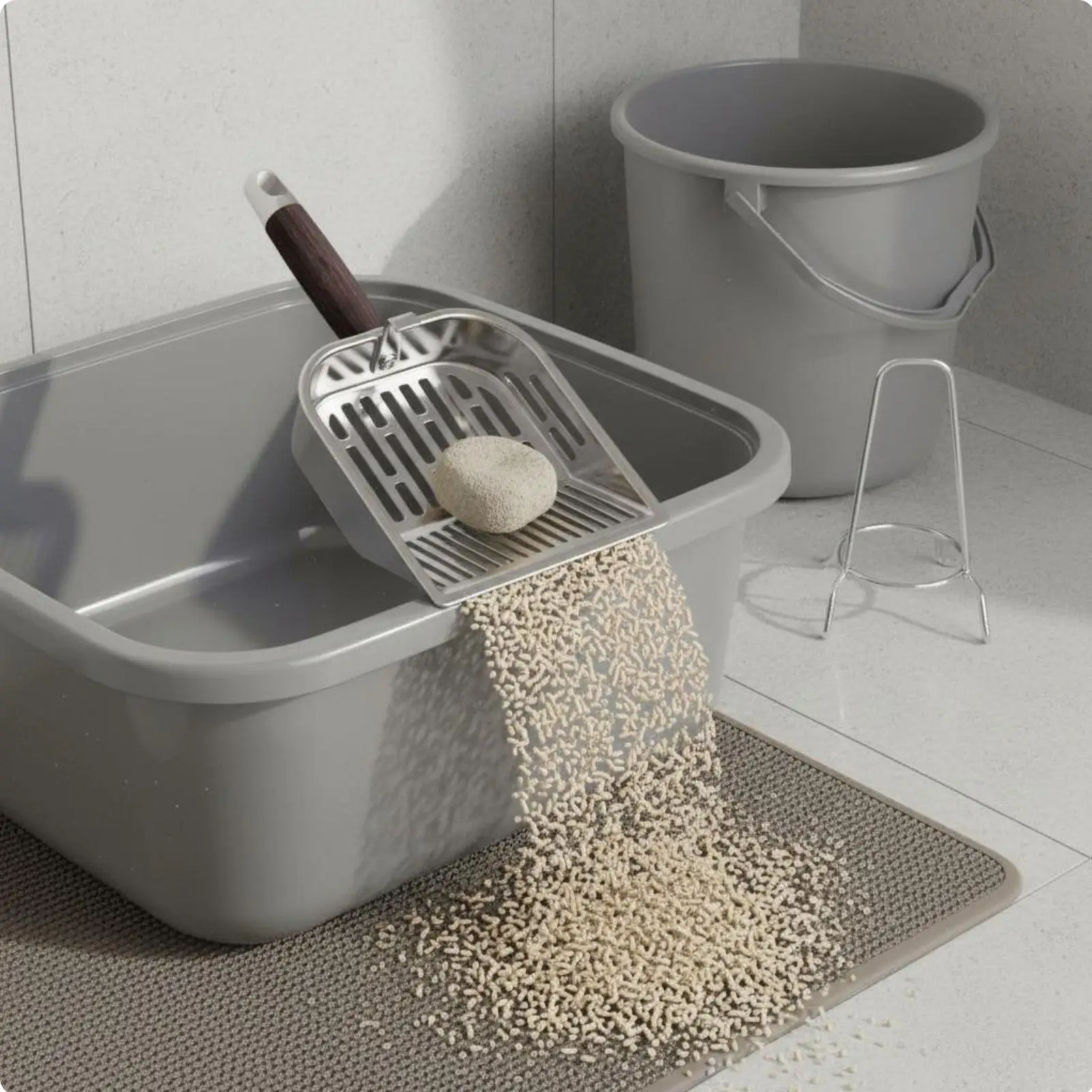 Pala metálica ergonómica para arena de gatos con orificios – Para caja automática - imagen 2