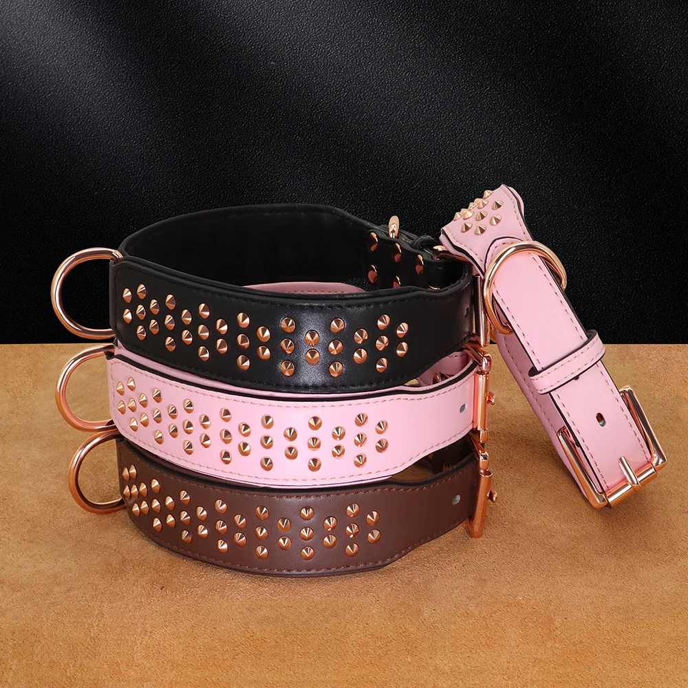 Collar de cuero negro con tachuelas para Pitbull