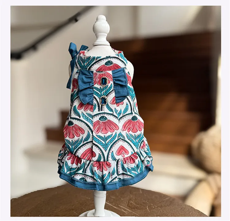 Vestido floral princesa con volantes y lazo para perros pequeños