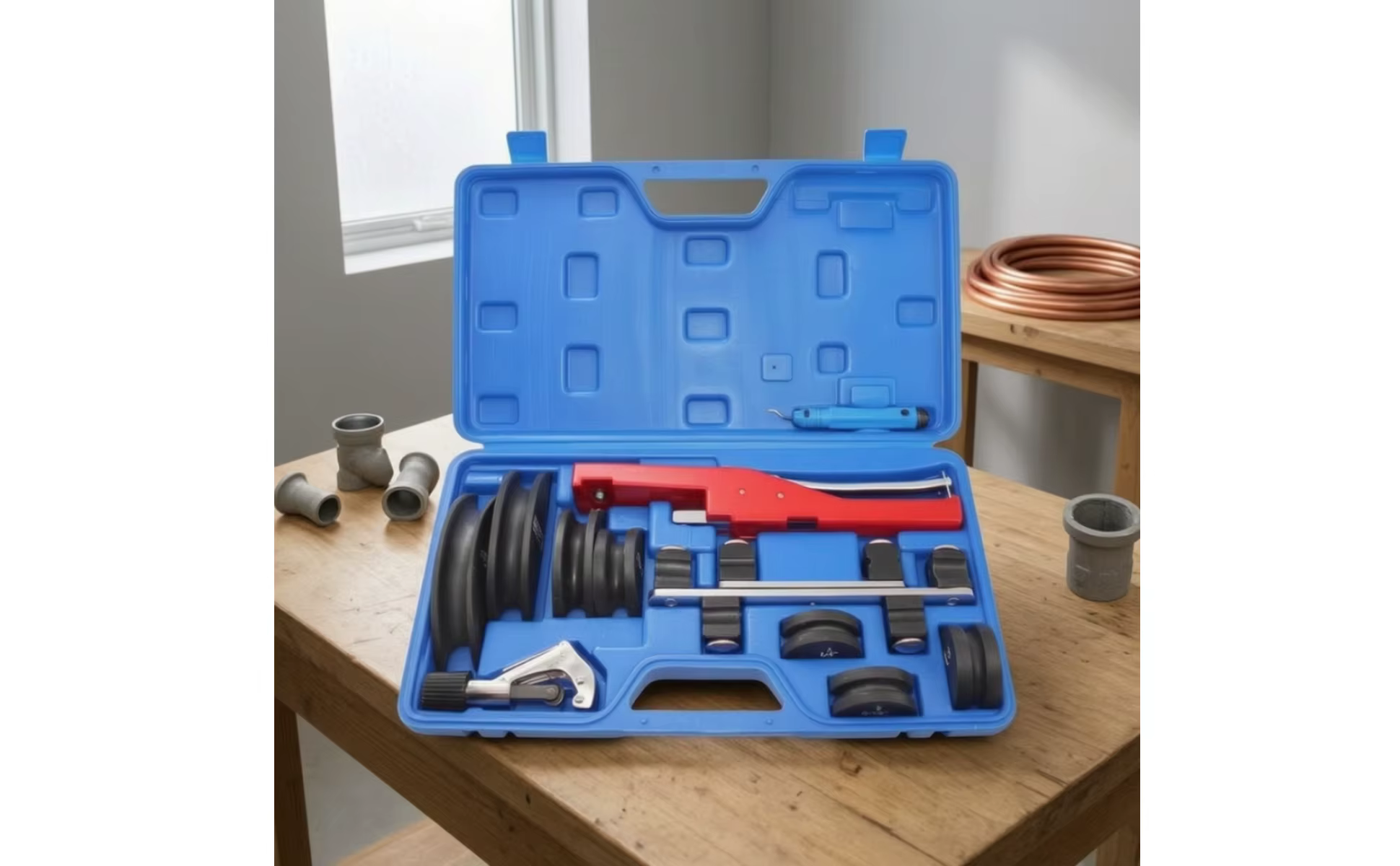 Estuche moldeado azul para organizar el kit de doblado