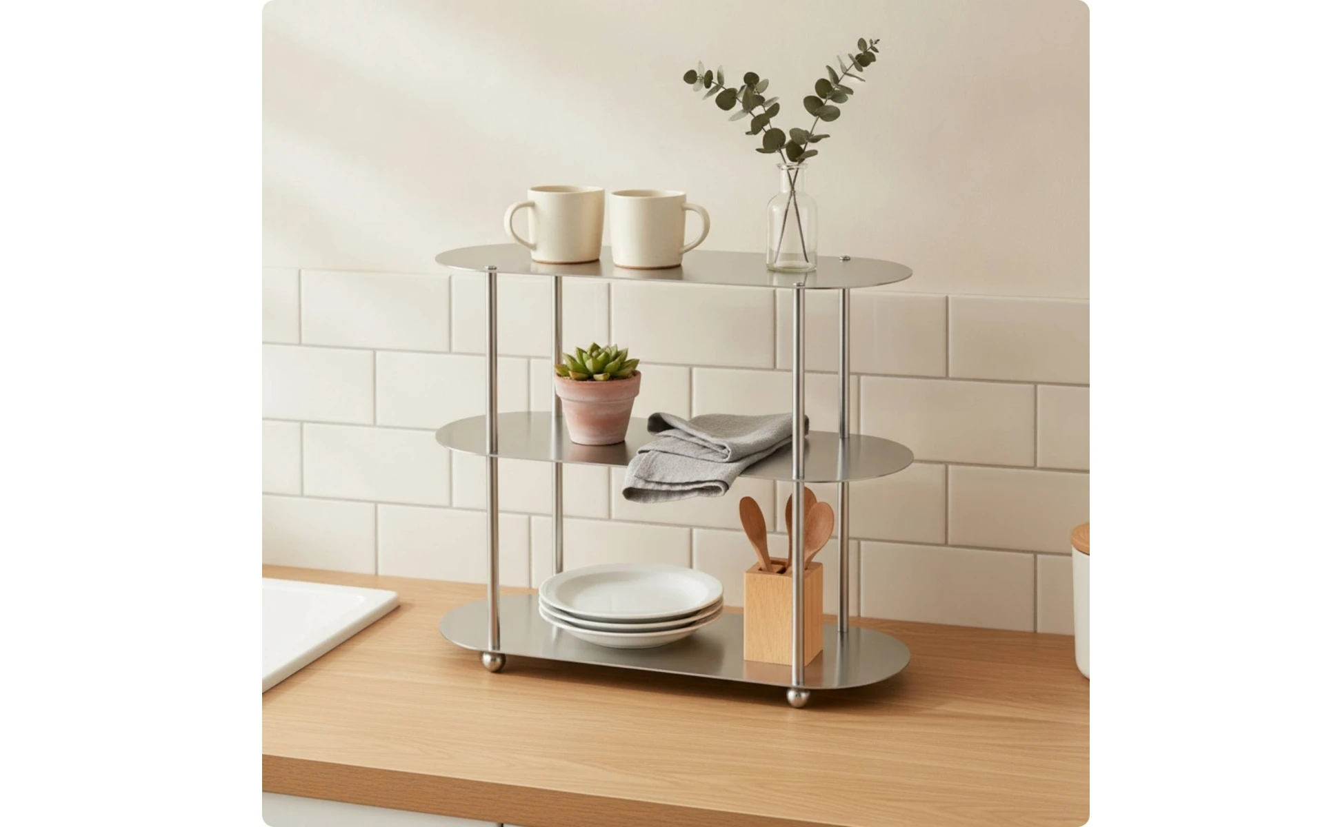 Detalle del acabado metálico cepillado y estructura tubular del estante organizador