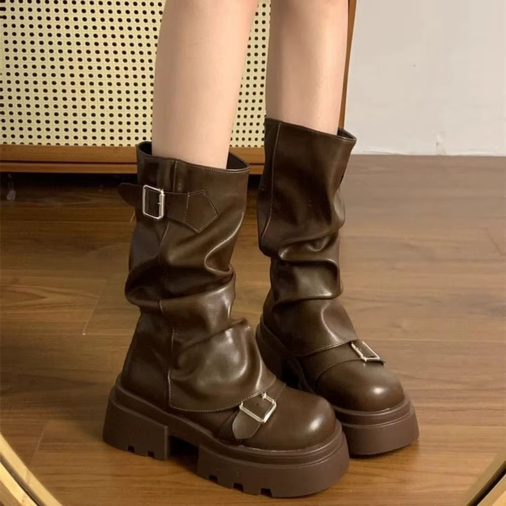 Botas moteras de mujer con plataforma y hebilla estilo punk - imagen 4