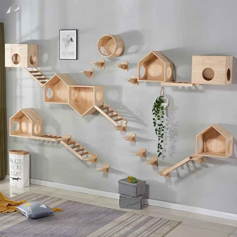 Estantes de pared de madera para felinos con poste rascador y mirador - imagen 2