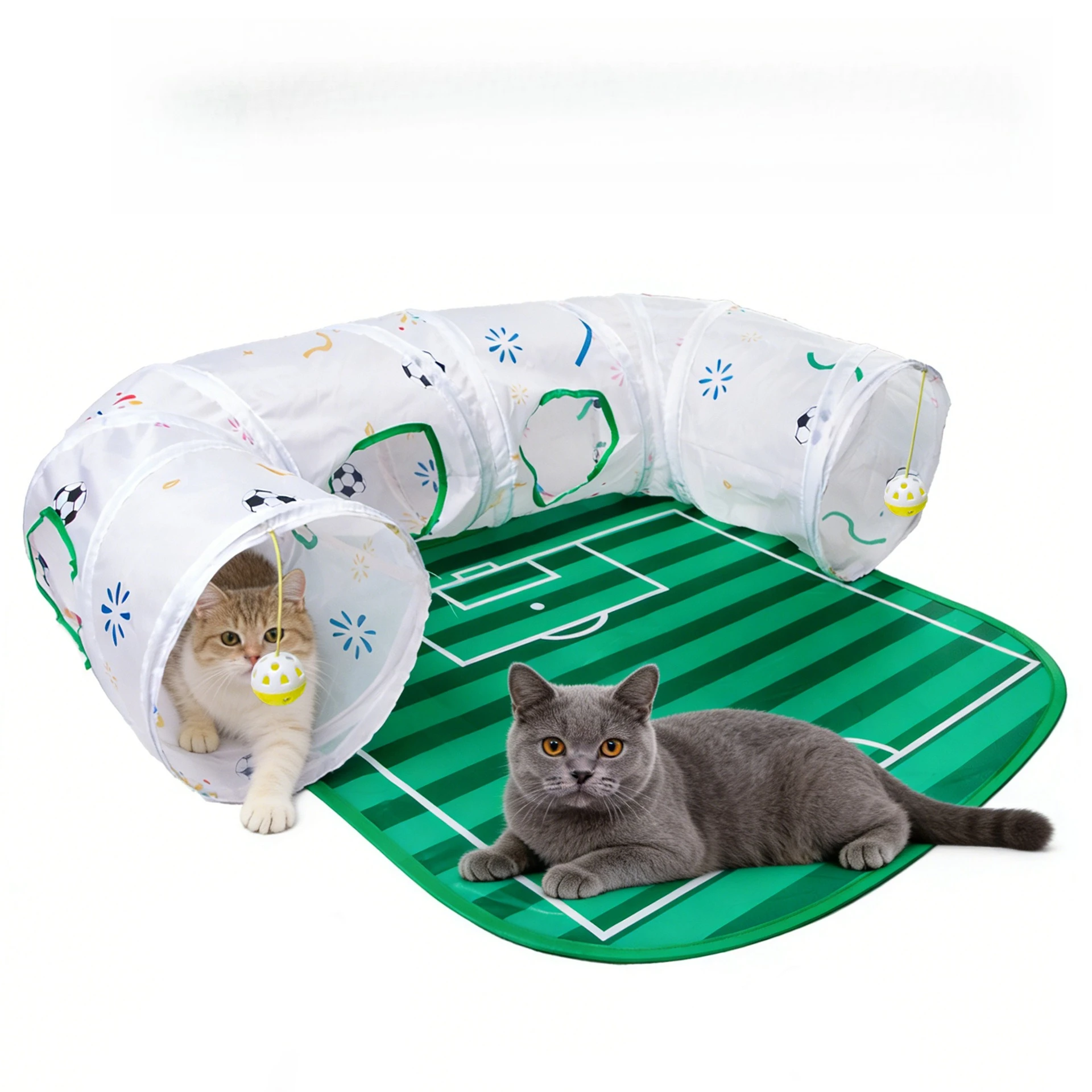 Túnel para gatos con diseño de campo de fútbol y juguetes interactivos