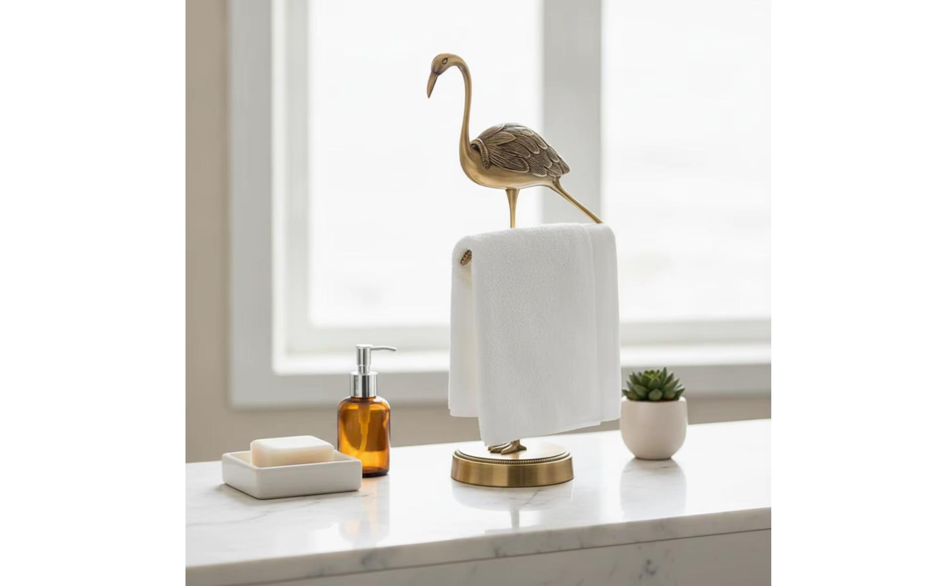 Toallero de grúa colocado en encimera de baño moderno