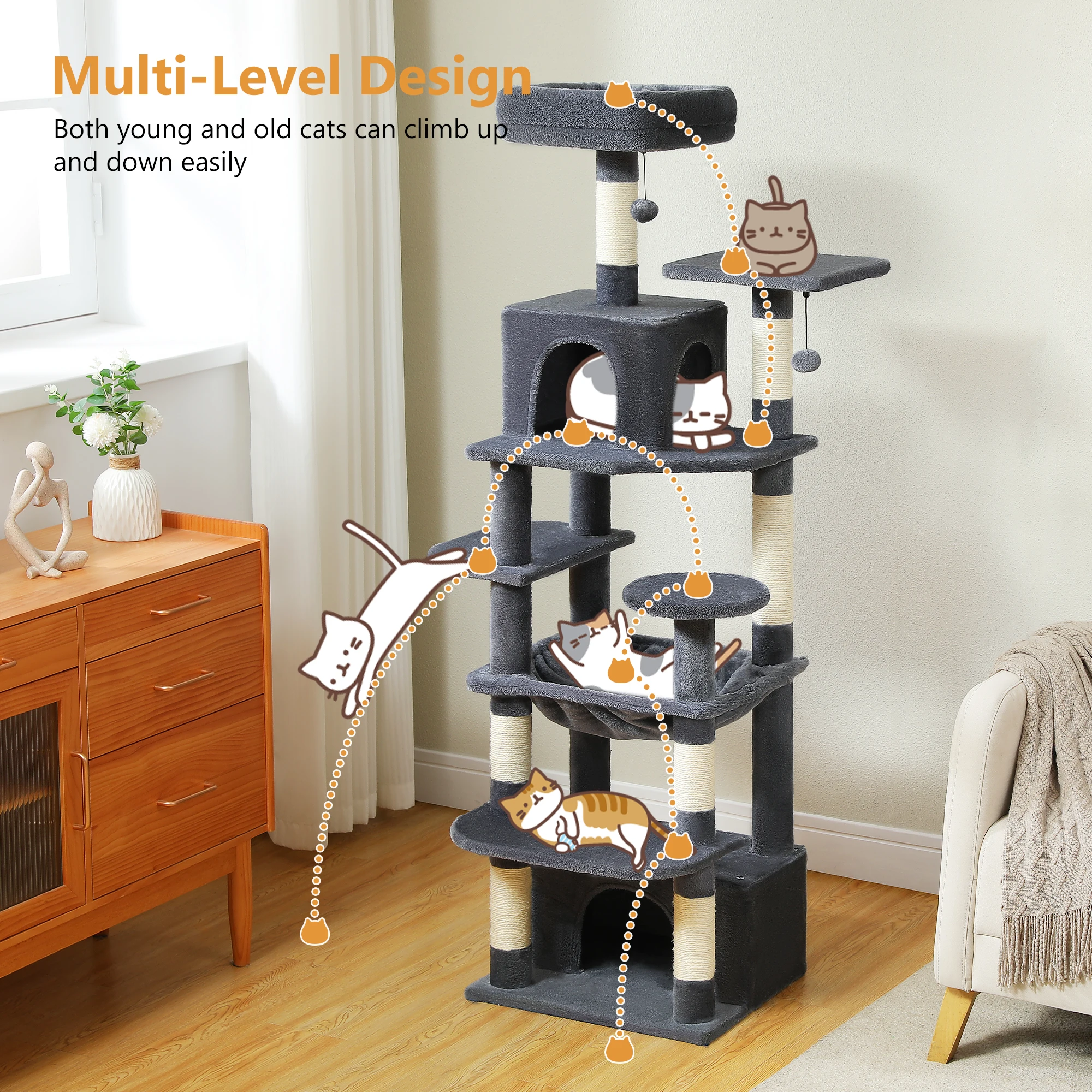 Árbol rascador para gatos alto con hamacas y postes rascadores - imagen 3
