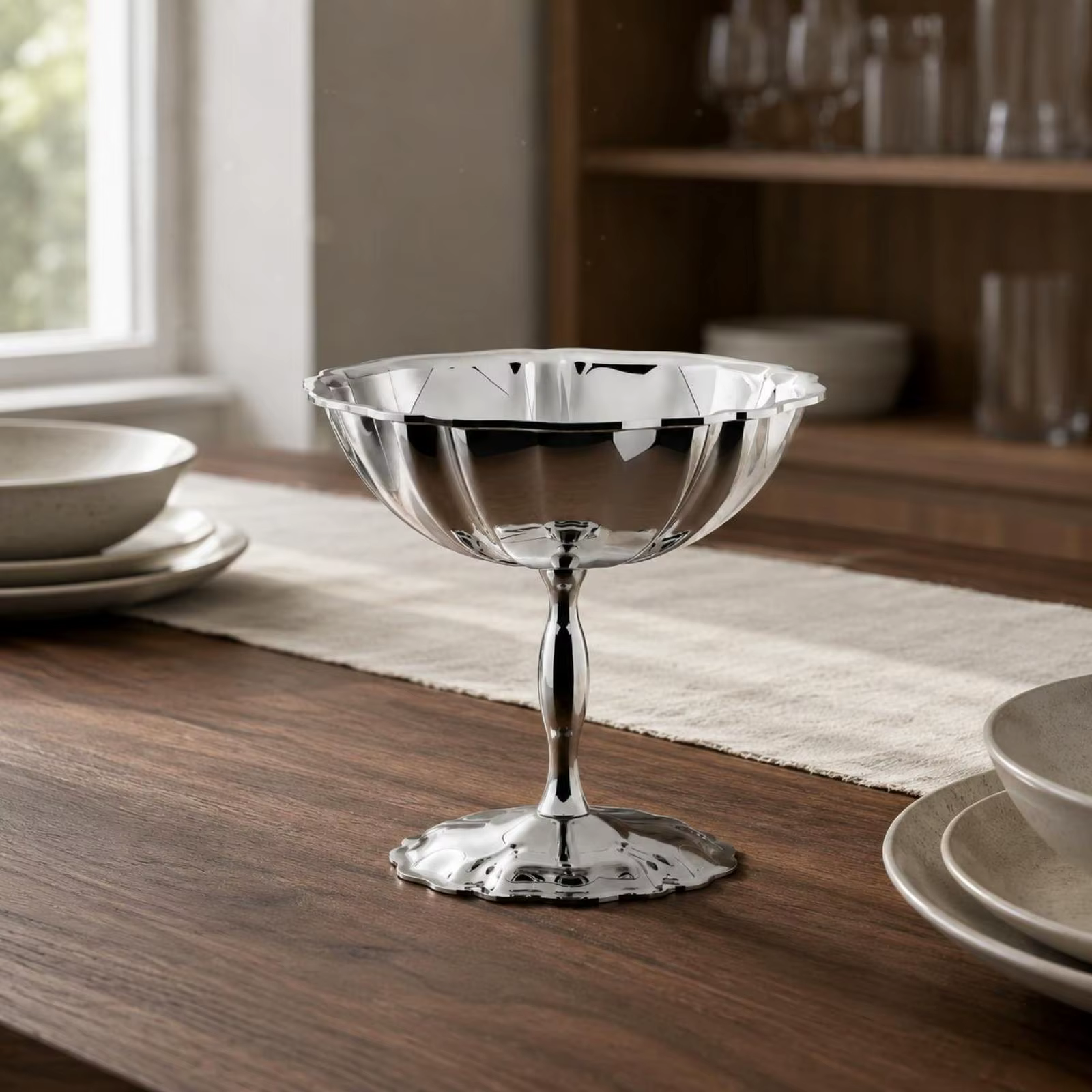 Tazón en contexto de mesa decorada con flores y otros elementos de mesa de postres