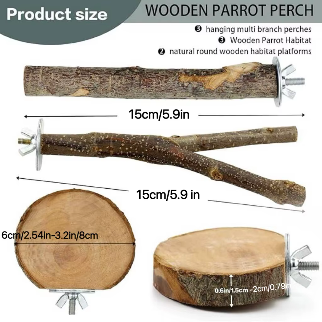 Percha de madera natural para aves: soporte de jaula, periquitos - imagen 3