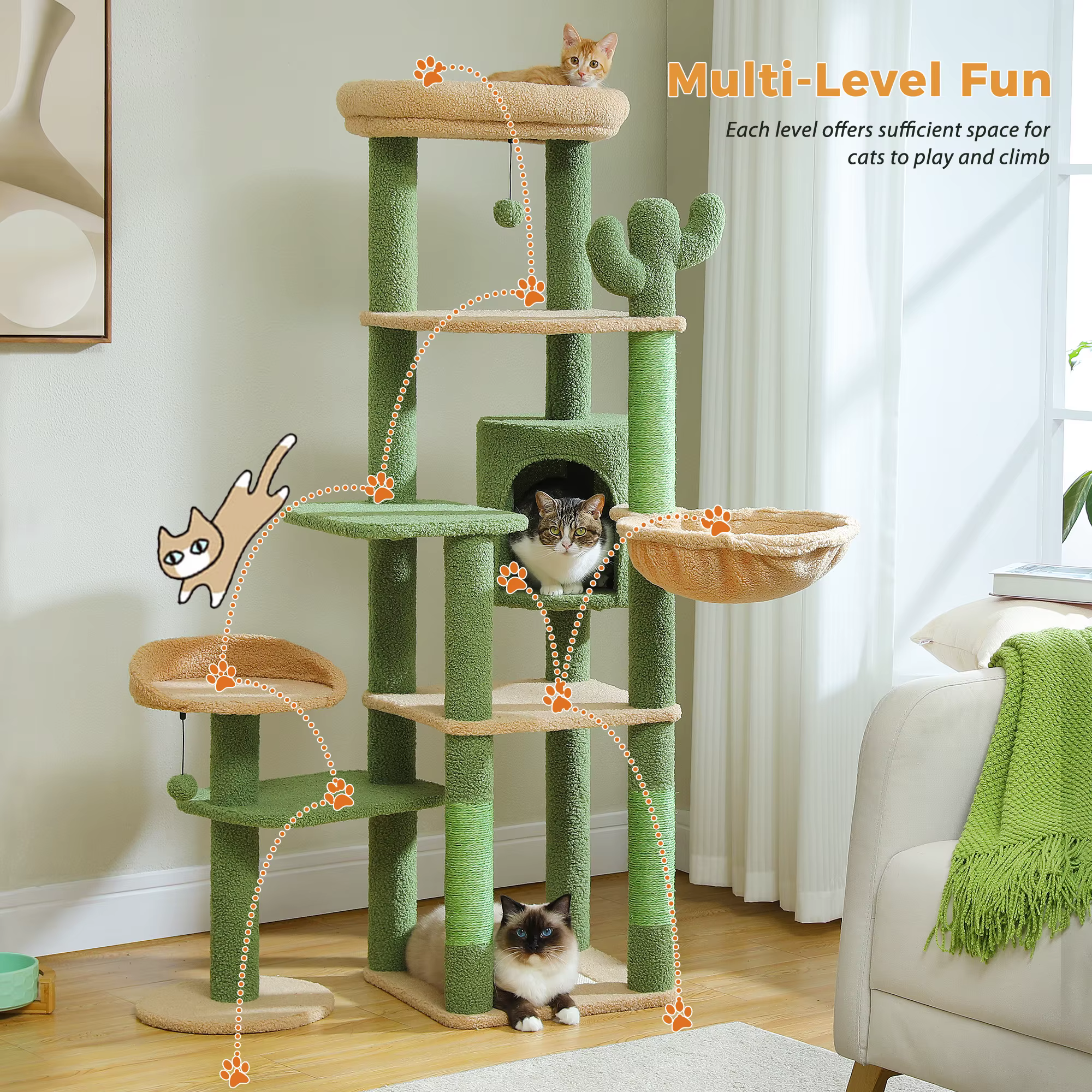 Árbol rascador multinivel para gatos con hamaca, cama y sisal - imagen 4