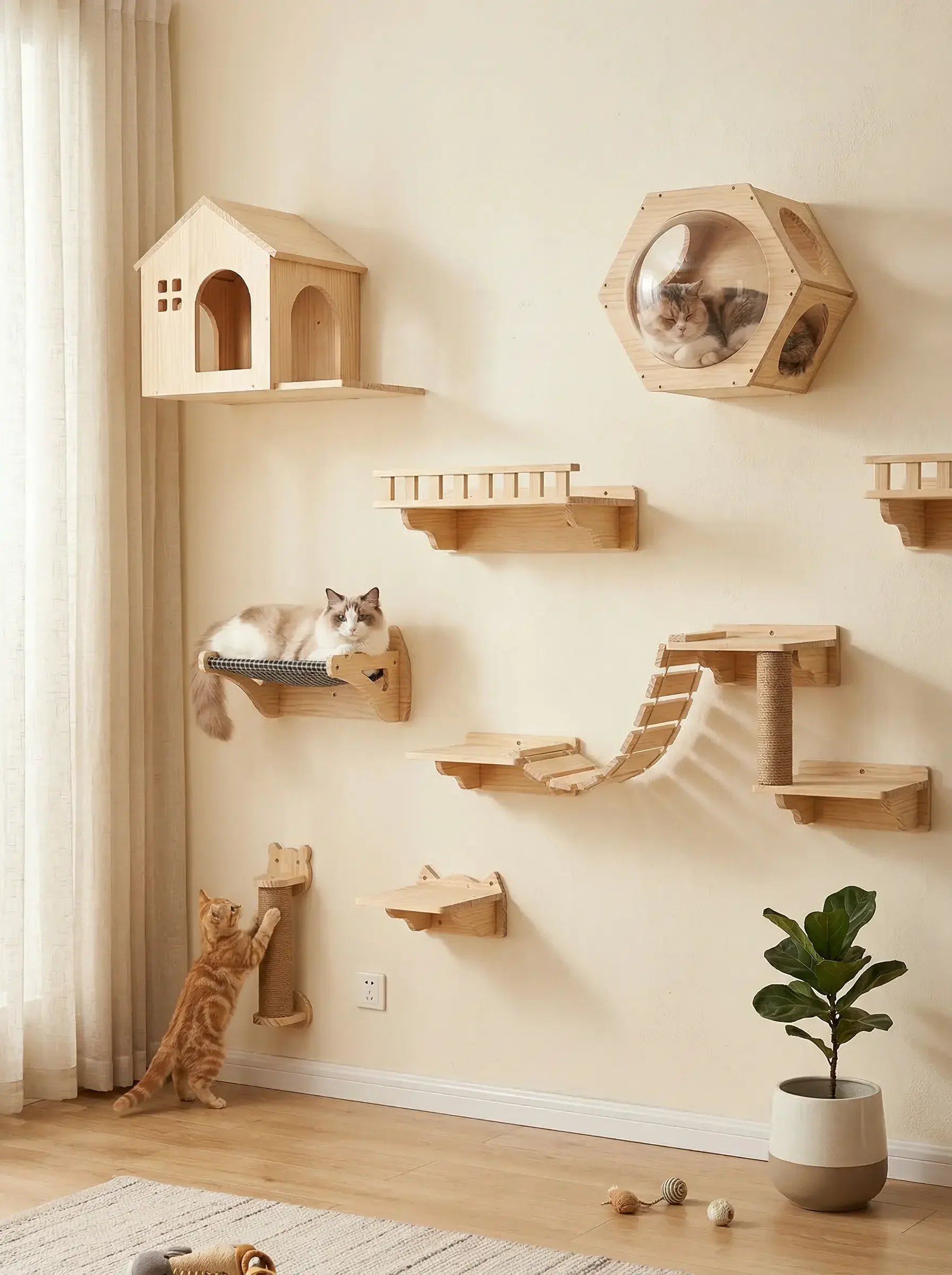 Árbol para gatos estable montado en pared