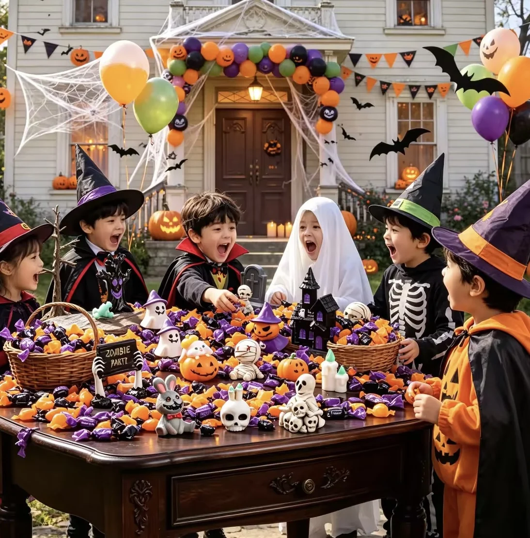 Conjunto de figuras de Halloween con conejo espeluznante, momia, calavera, fantasma y calabaza para decoración de casa encantada