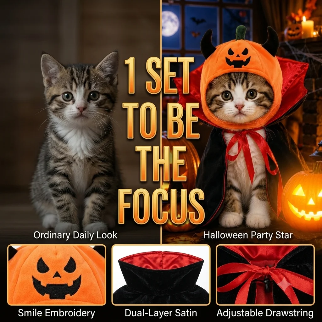 Disfraz vampiro Halloween para gatos y perros – Capa y sombrero calabaza - imagen 2