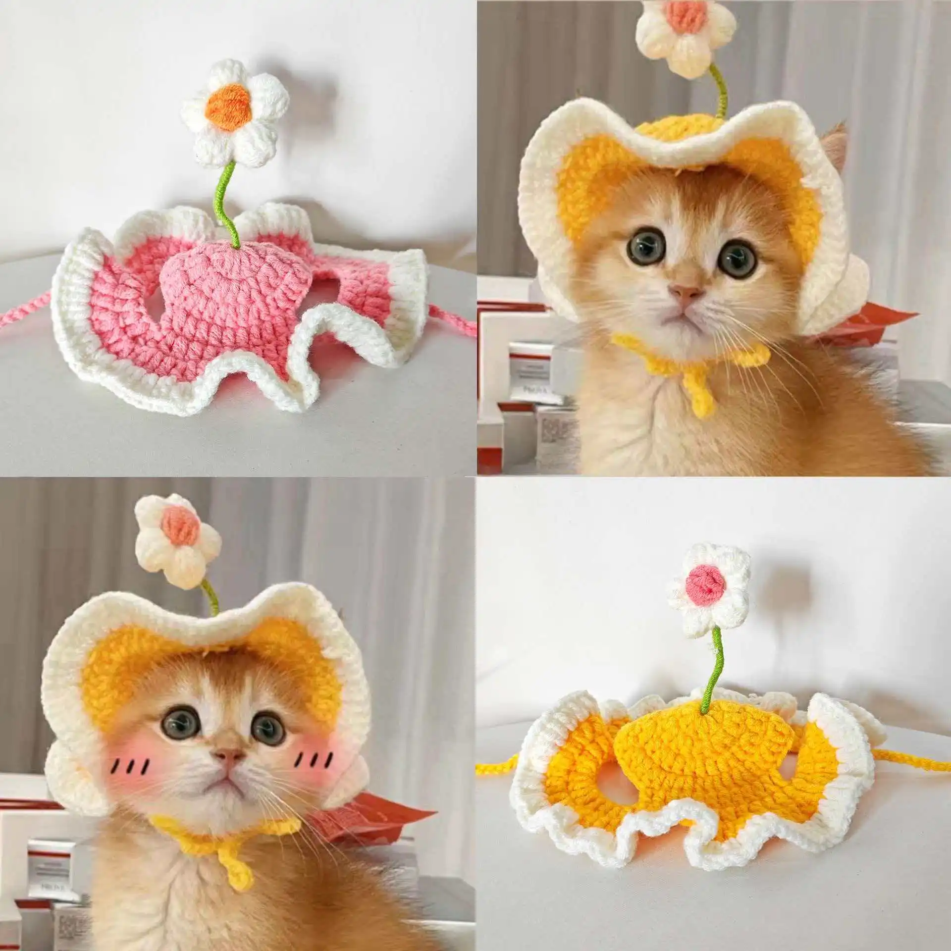 Gorro de lana tejida con flores lindo para disfraz de gato y perro