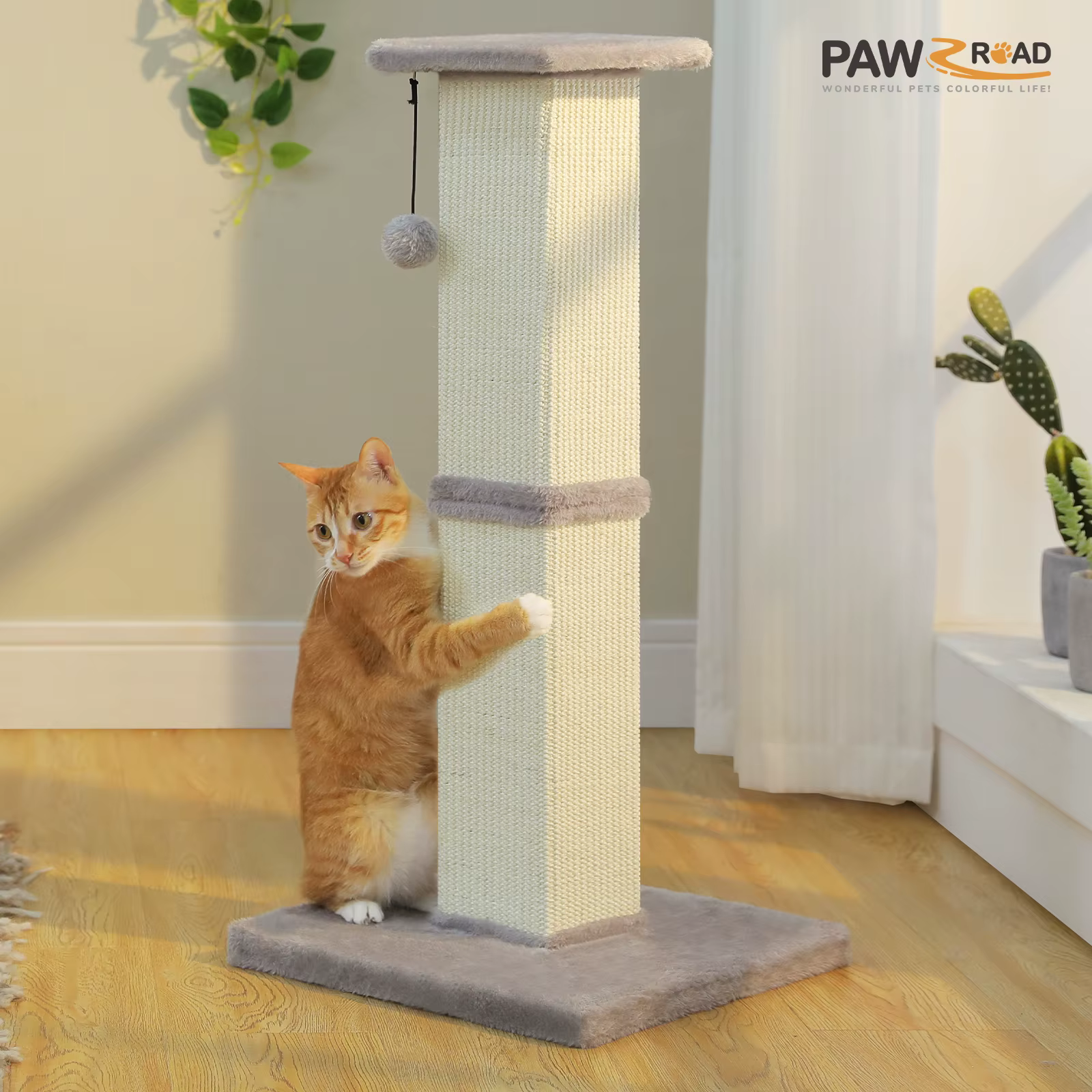 Rascador alto para gatos adultos con sisal y bola colgante - imagen 2