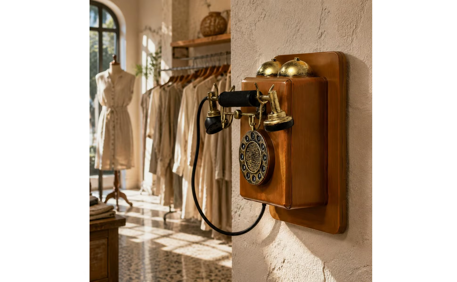 Aspecto retro de teléfono antiguo montado en pared