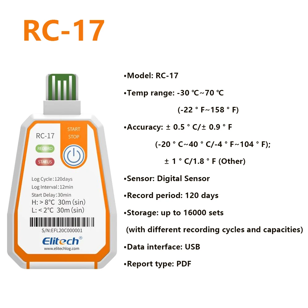 Registrador RC-17/RC-17N vista frontal con conector USB-A