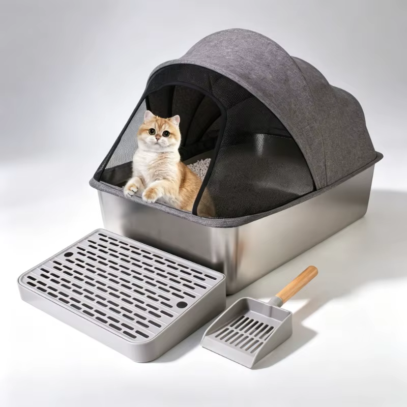 Caja de arena cerrada para gatos – Bandeja alta acero inoxidable con cubierta plegable - imagen 2
