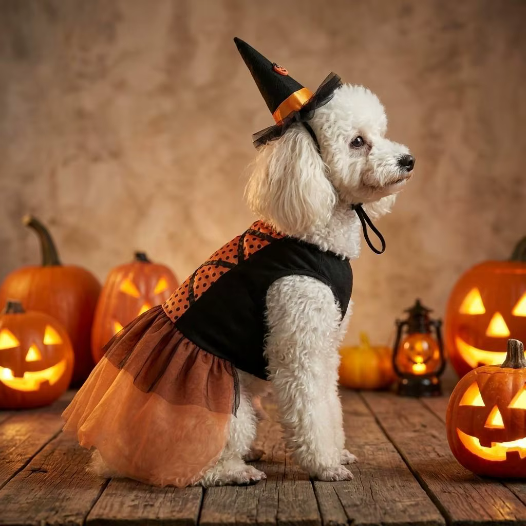 Vista completa del disfraz de bruja para mascota con sombrero incluido