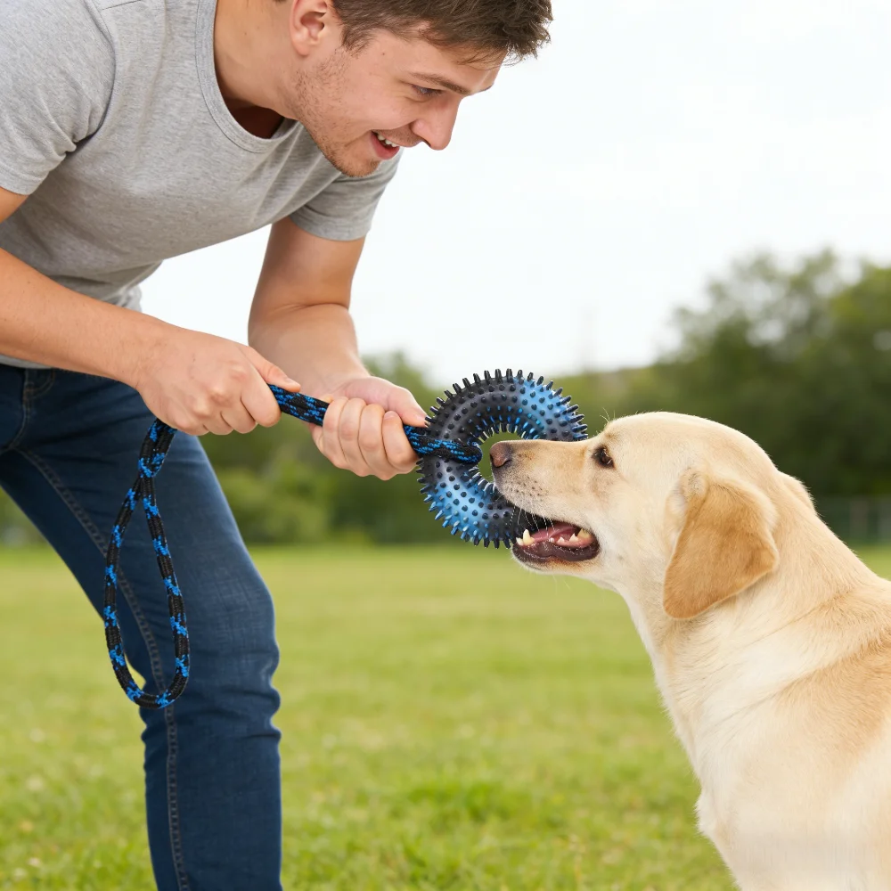 Perro jugando con el juguete de nudos y púas