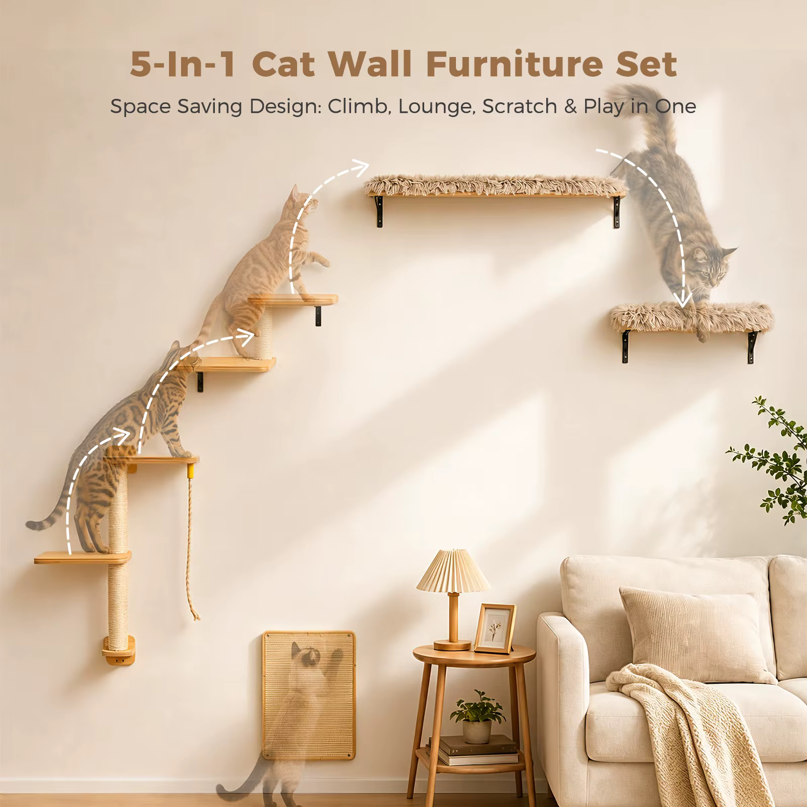 Rascador de pared para gatos: estantes y cuerdas de trepa interior - imagen 5