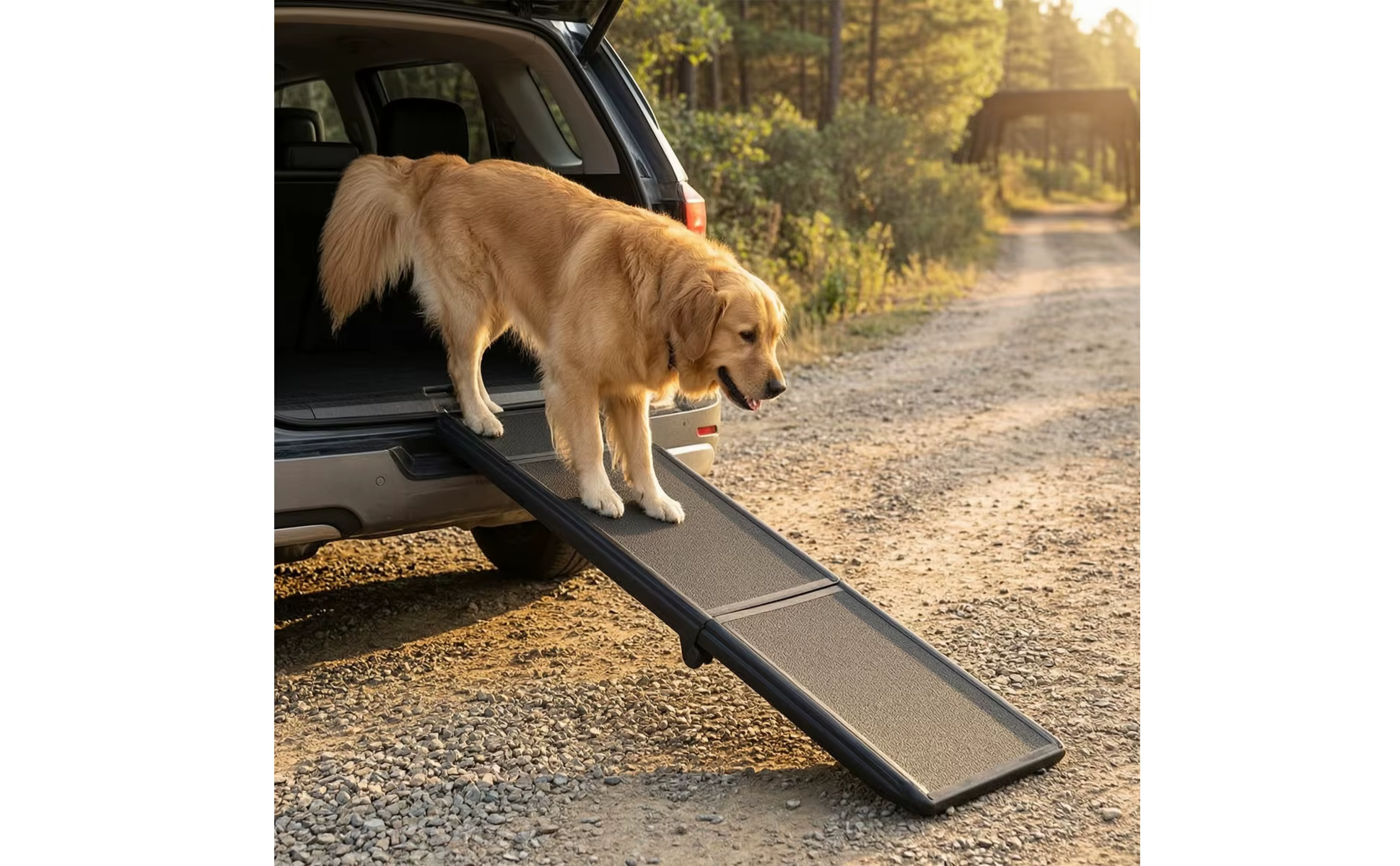 Rampa negra para perros con superficie texturizada junto a un vehículo