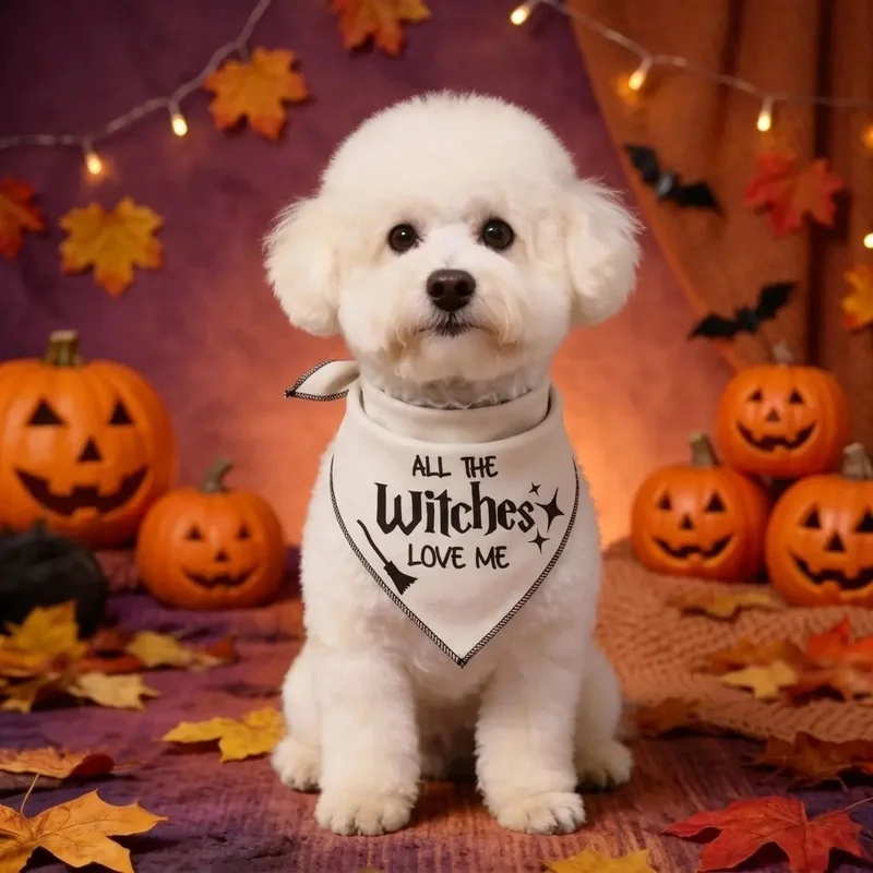 Pañuelo triangular Halloween para perros y gatos – Estampado bruja y escoba - imagen 4
