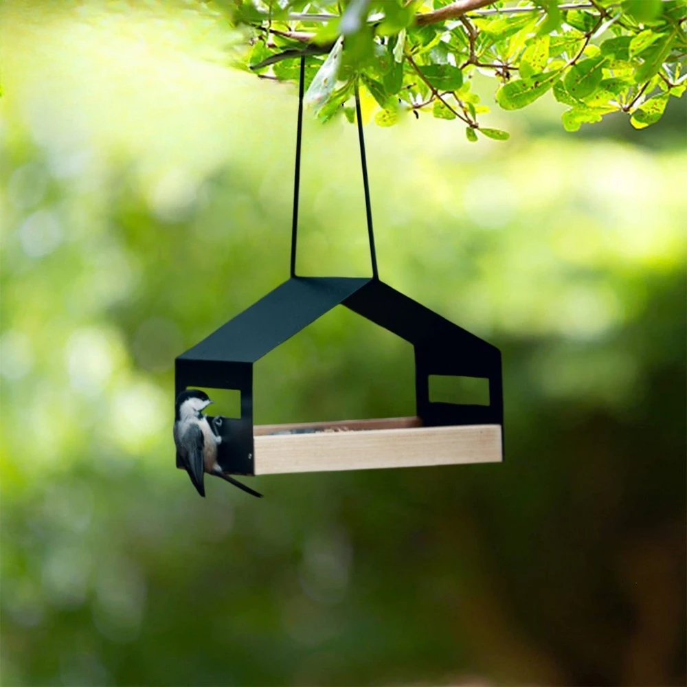 Comedero colgante para pájaros de madera y metal, exterior - imagen 2