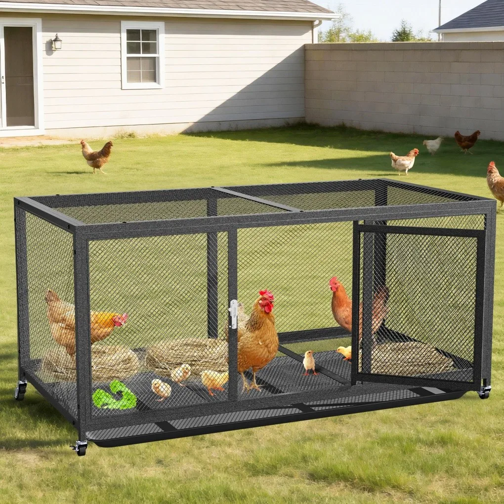 Gallinero metálico resistente con bandeja extraíble y ruedas - imagen 2