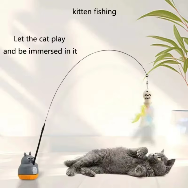 Caña para gatos con LED pez giratorio y muelle