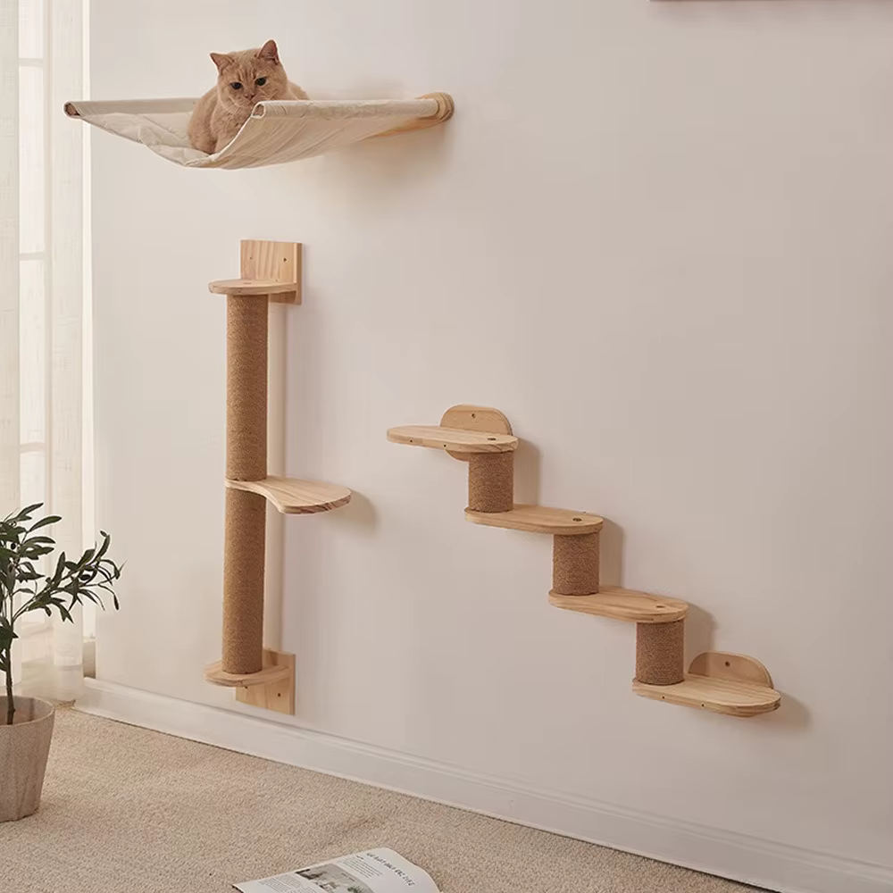 Rascador de pared para gatos de madera con hamaca y cama