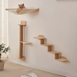 Rascador de pared para gatos de madera con hamaca y cama