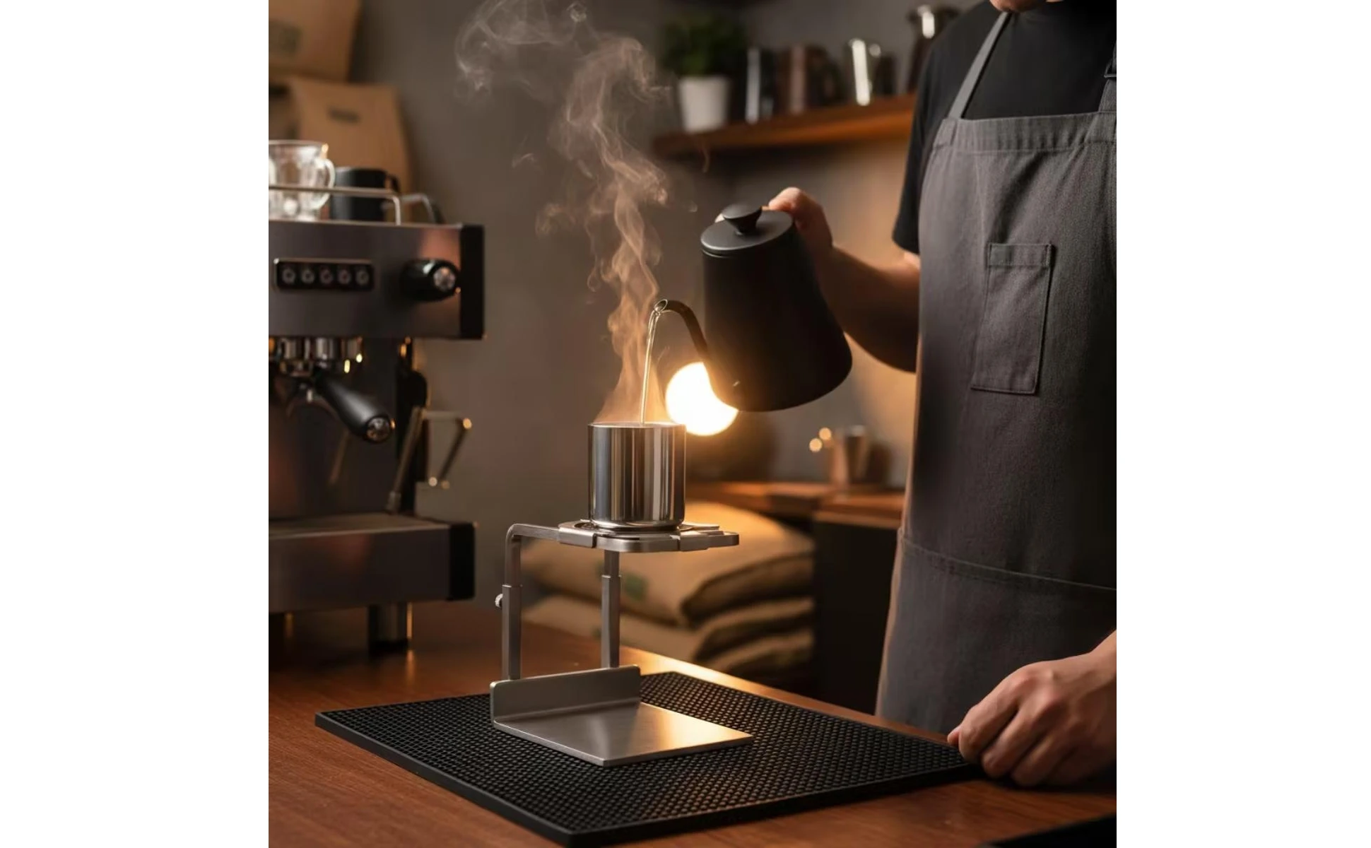 Cafetera en uso sobre encimera clara