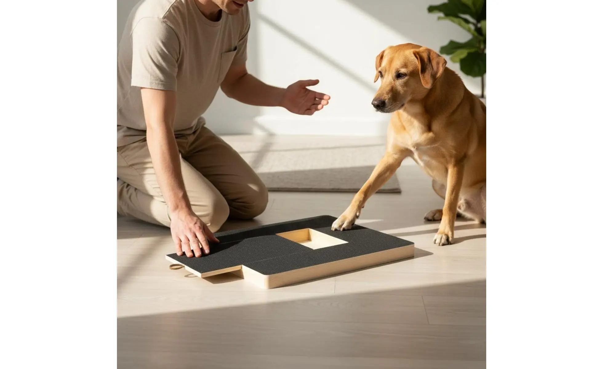 Tabla rascadora en uso con un perro pequeño