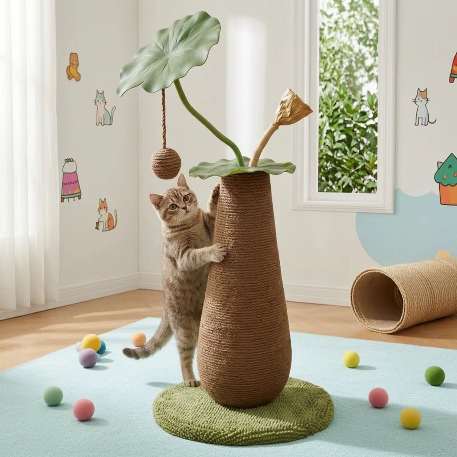 Rascador vertical para gatos con diseño de follaje, verde - imagen 2