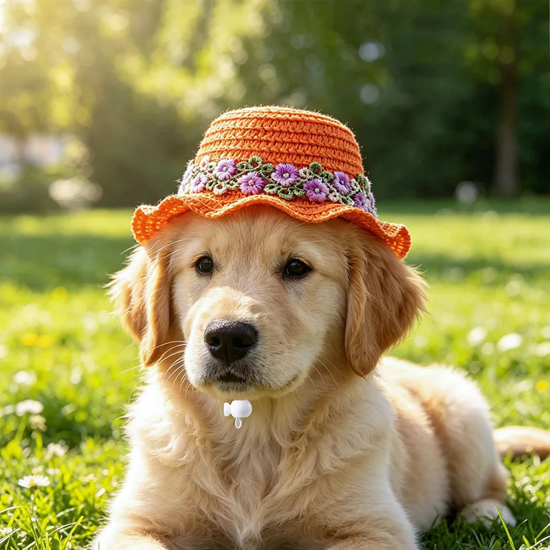 Mascota pequeña usando sombrero de sol