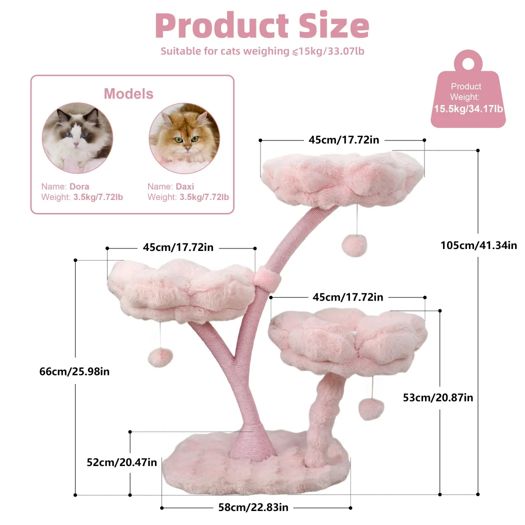 Árbol para Gatos 105 cm en Forma de Flor – Poste Rascador con Cama Acolchada y Juguete - imagen 5