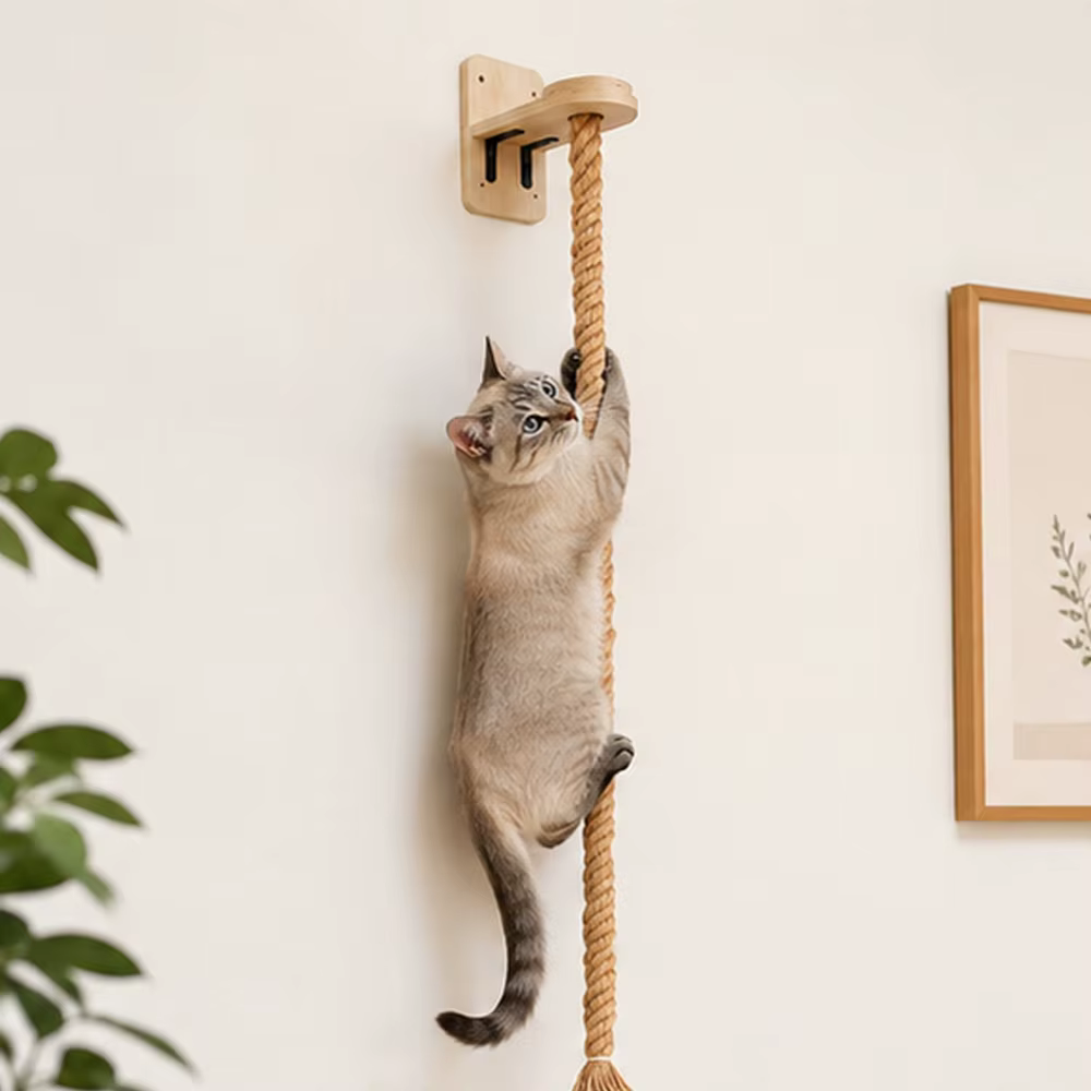 Rascador de pared para gatos con cuerda de sisal y escalón de madera - imagen 5