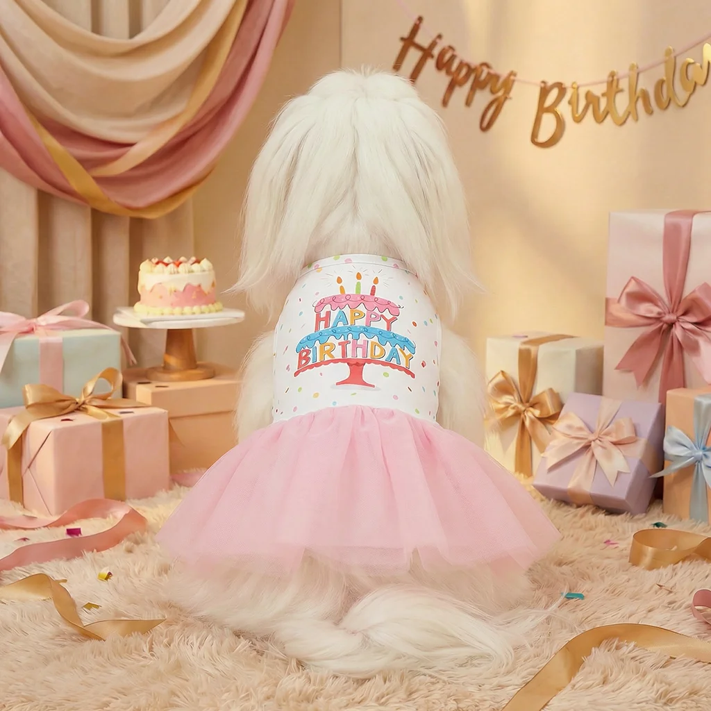 Vestido de tul rosa con estampado festivo para mascotas