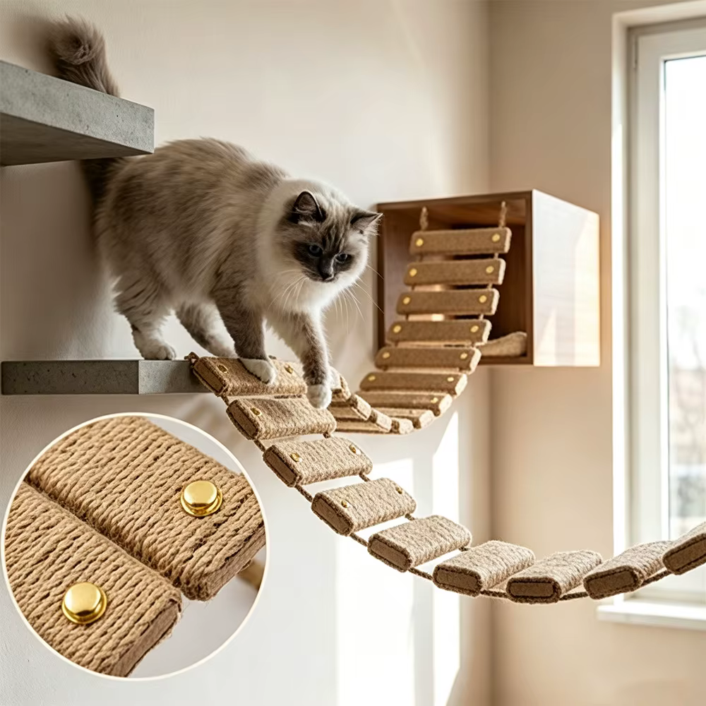 Puente y escalera de sisal para gatos, pared de madera natural