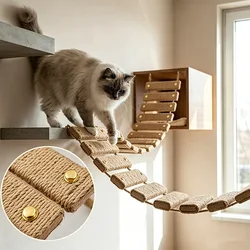 Puente y escalera de sisal para gatos, pared de madera natural