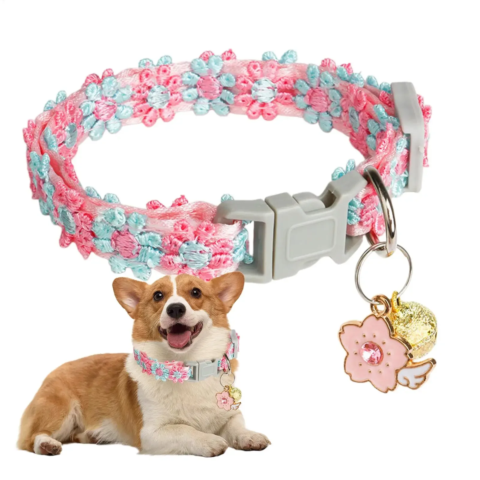 Collar para gato y perro con bordado flores de cerezo y campana - imagen 2
