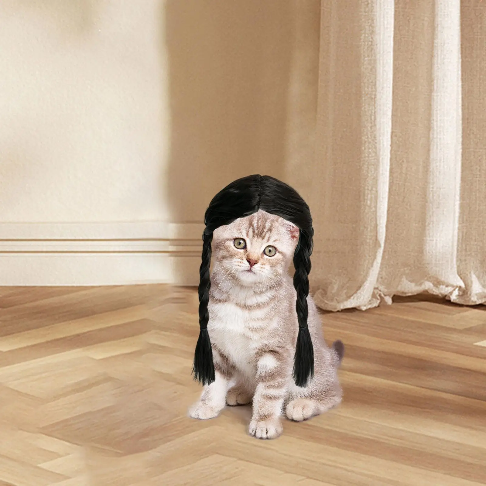 Mascota con peluca lista para la fiesta