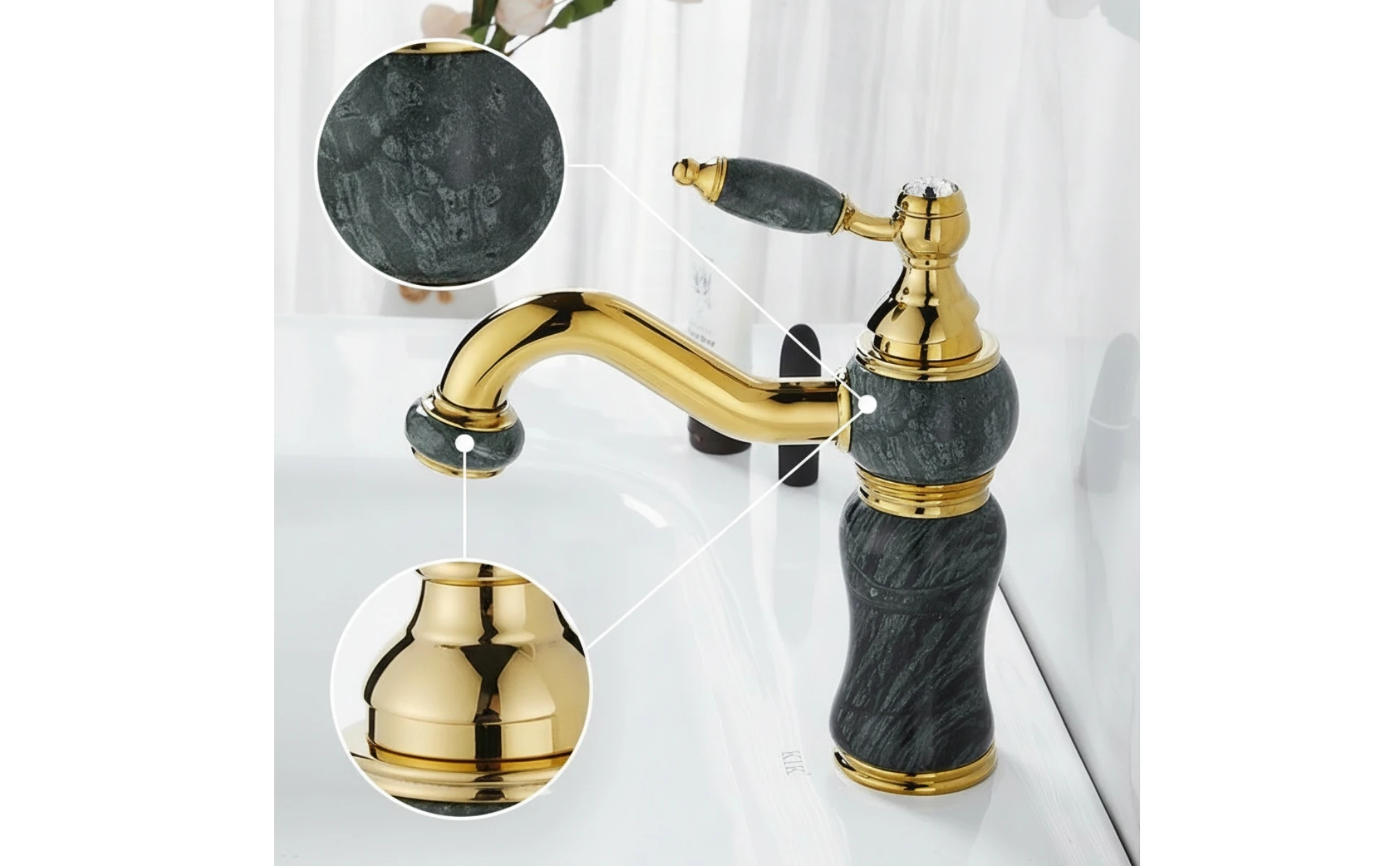 Grifo de lavabo vintage dorado con acabado brillante