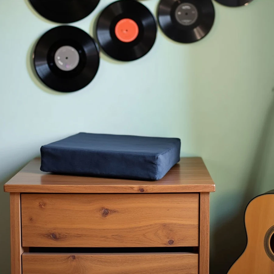 Funda plegada junto a accesorios de vinilo