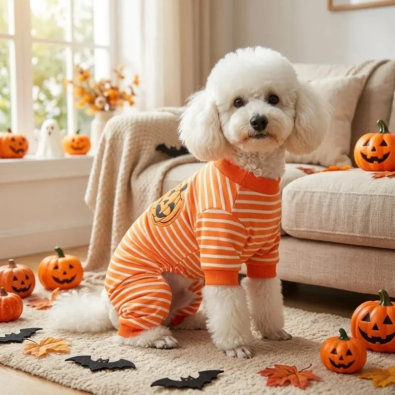 Disfraz calabaza Halloween para perro y gato – Mono naranja y blanco - imagen 3