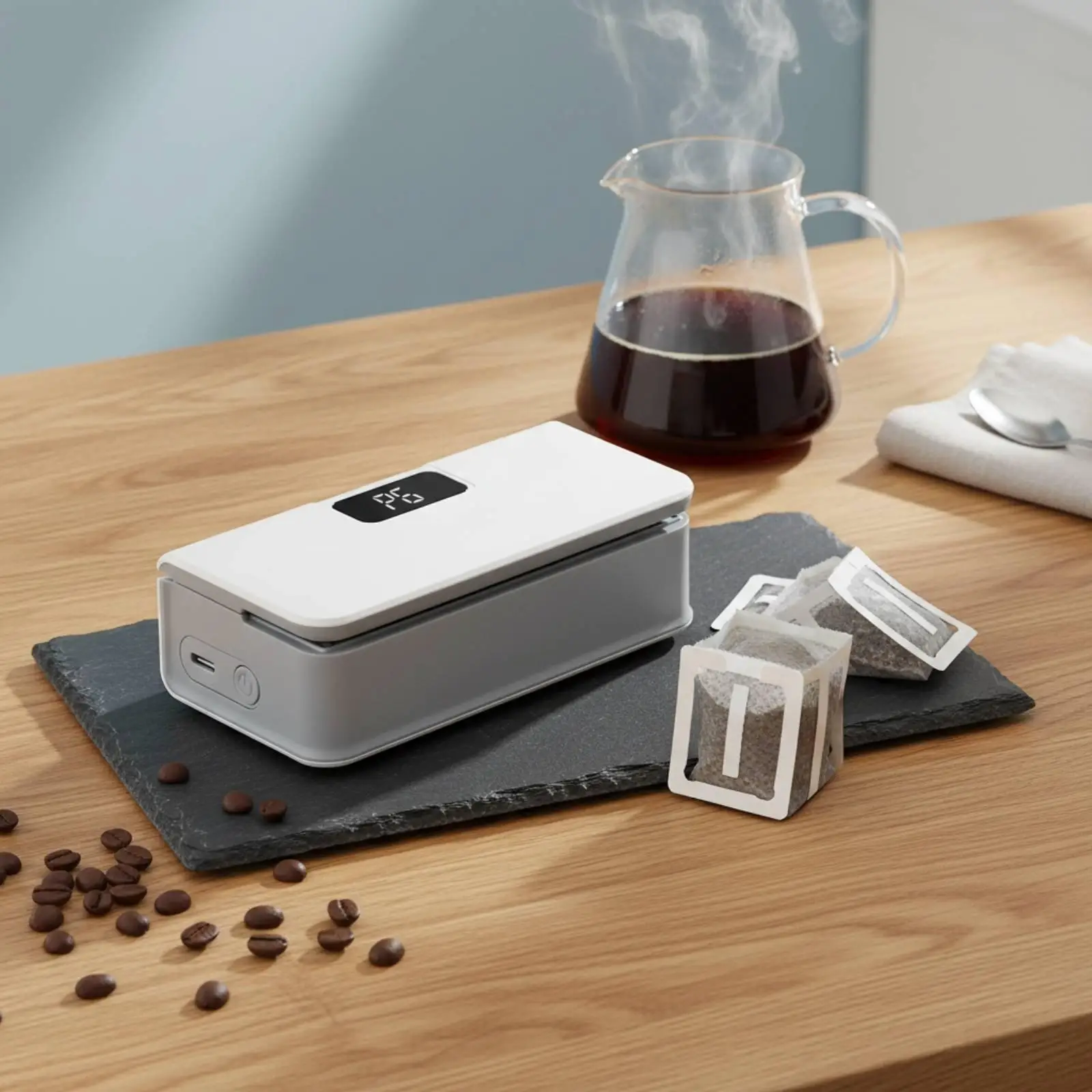 Mini selladora de alimentos portátil sobre superficie de cocina organizada
