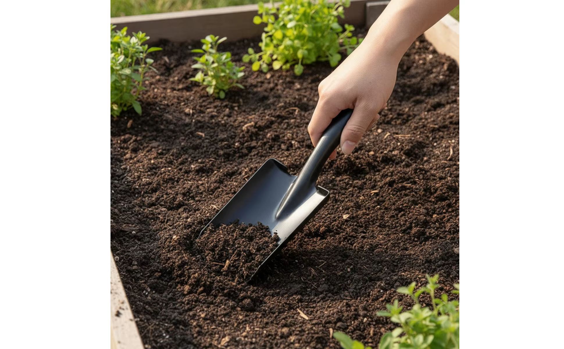 Pala de jardín limpia y seca después del uso, mostrando el acabado antioxidante
