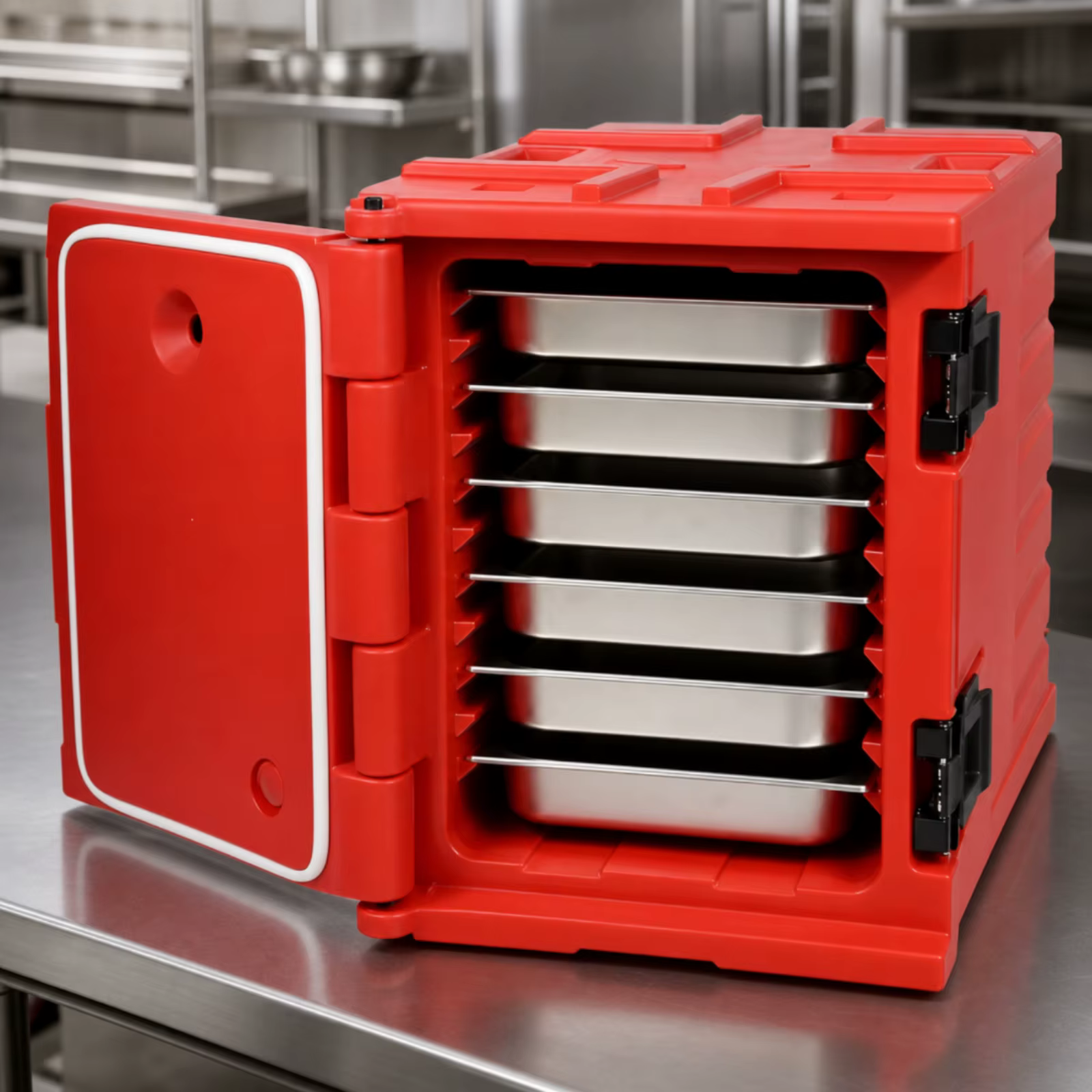 Contenedor isotérmico 90L para reparto de comidas con bandejas