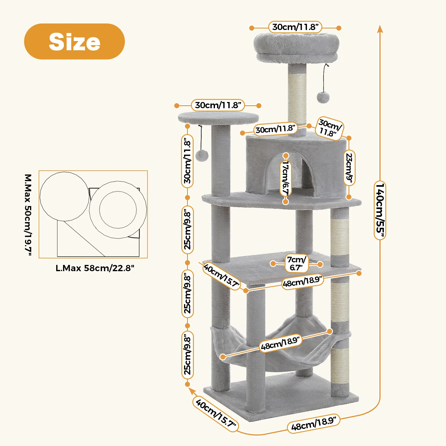 Árbol para gatos: vista lateral con postes y hamaca