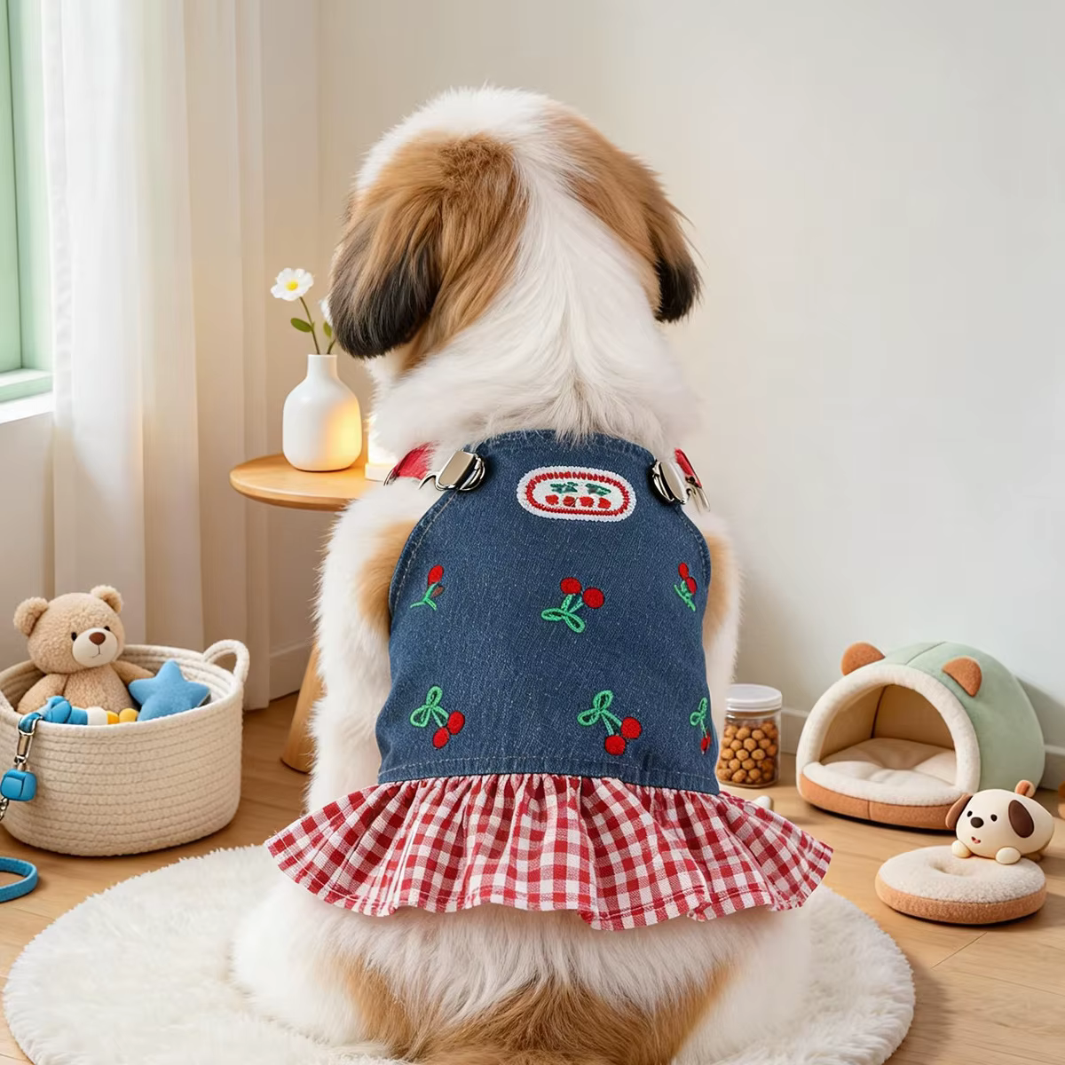 Vestido Mezclilla Cerezas Bordado para Perros Pequeños